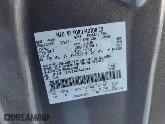 2010 Ford F-150 XL with VIN 1FTMF1EW8AKA23311, listed as a Copart auction lot 89166045 with 69,114 mi miles and Clean Title. Bid and sale history available at DreamBid. Image 12.