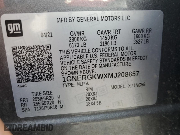 2021 Chevrolet Traverse LT Cloth with VIN 1GNERGKWXMJ208657, listed as a Copart auction lot 61564725 with 52,135 mi miles and Salvage title. Bid and sale history available at DreamBid. Image 13.