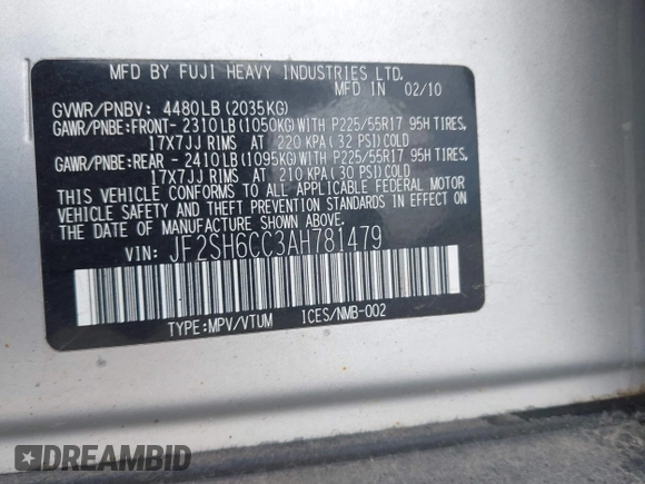 2010 Subaru Forester X Premium with VIN JF2SH6CC3AH781479, listed as a IAAI auction lot 42466766 with 167,317 mi miles and . Bid and sale history available at DreamBid. Image 9.