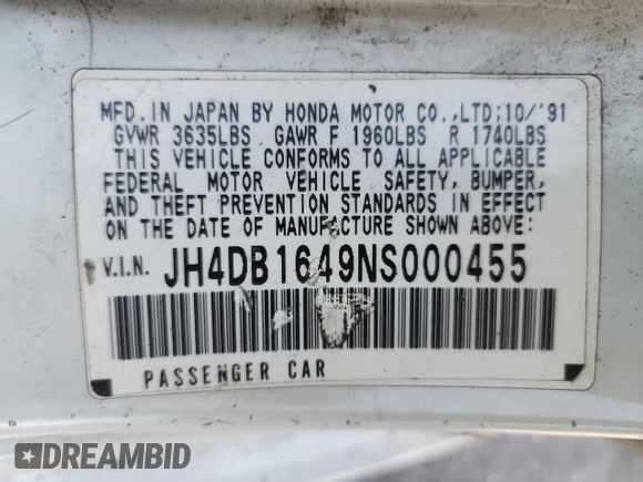 1992 Acura Integra with VIN JH4DB1649NS000455, listed as a Copart auction lot 62386755 with 209,785 mi miles and Salvage title. Bid and sale history available at DreamBid. Image 12.