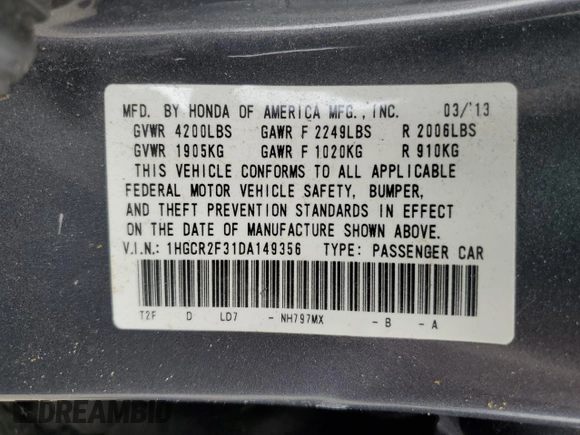 2013 Honda Accord LX z VIN 1HGCR2F31DA149356, wystawiony jako Copart lot #56986795 z przebiegiem 99 310 mil mil oraz Szkoda całkowita • Salvage title. Historia ofert i sprzedaży dostępna na DreamBid. Obrazek 12.