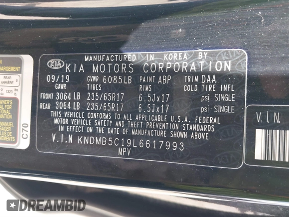 2020 Kia Sedona EX with VIN KNDMB5C19L6617993, listed as a IAAI auction lot 39711859 with 66,083 mi miles. Bid and sale history available at carsss.com. Image 9.