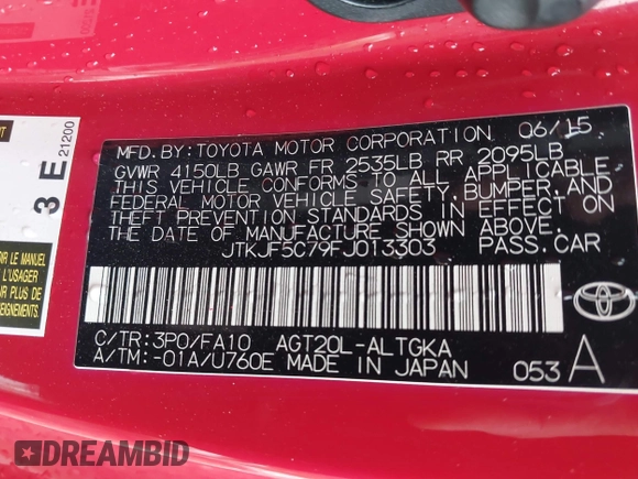 2015 Scion tC z VIN JTKJF5C79FJ013303, wystawiony jako IAAI lot #41581714 z przebiegiem Nie podano mil oraz . Historia ofert i sprzedaży dostępna na DreamBid. Obrazek 9.