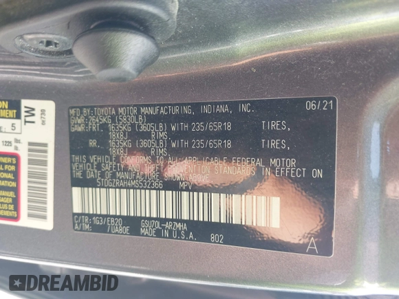 2021 Toyota Highlander XLE with VIN 5TDGZRAH4MS532366, listed as a IAAI auction lot 42603712 with 128,861 mi miles and . Bid and sale history available at DreamBid. Image 9.