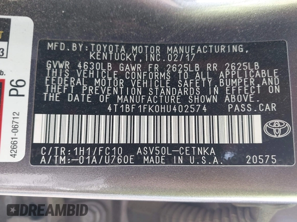 2017 Toyota Camry XLE with VIN 4T1BF1FK0HU402574, listed as a IAAI auction lot 41889015 with 155,470 mi miles. Bid and sale history available at carsss.com. Image 9.