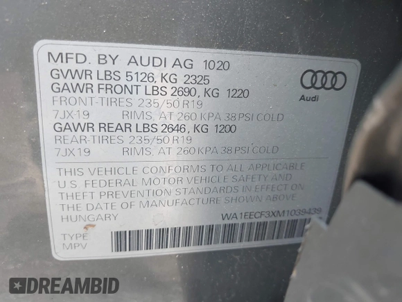 2021 Audi Q3 S line Premium Plus z VIN WA1EECF3XM1039439, wystawiony jako IAAI lot #42400021 z przebiegiem 41 740 mil mil oraz . Historia ofert i sprzedaży dostępna na DreamBid. Obrazek 9.