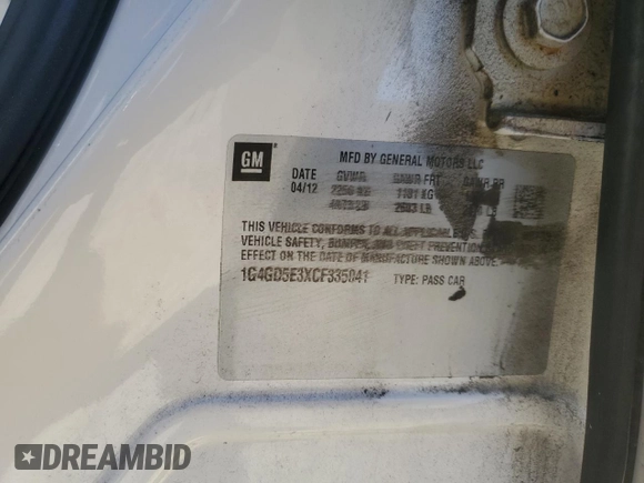 2012 Buick LaCrosse Premium 1 z VIN 1G4GD5E3XCF335041, wystawiony jako Copart lot #54889695 z przebiegiem 128 818 mil mil oraz Szkoda całkowita • Salvage title. Historia ofert i sprzedaży dostępna na DreamBid. Obrazek 12.
