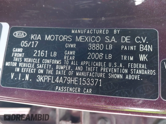 2017 Kia Forte LX with VIN 3KPFL4A79HE153371, listed as a IAAI auction lot 41620185 with 79,329 mi miles and . Bid and sale history available at carsss.com. Image 9.