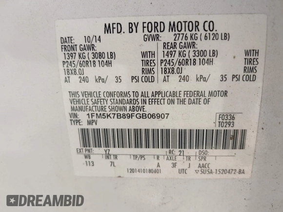 2015 Ford Explorer with VIN 1FM5K7B89FGB06907, listed as a IAAI auction lot 42169288 with 51,972 mi miles and . Bid and sale history available at DreamBid. Image 9.
