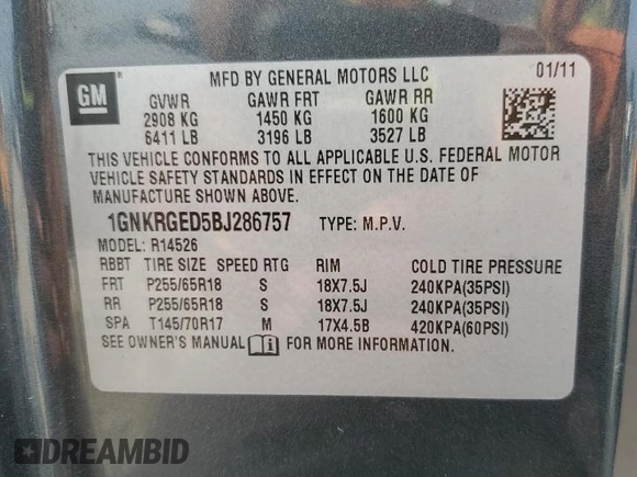 2011 Chevrolet Traverse 1LT z VIN 1GNKRGED5BJ286757, wystawiony jako Copart lot #63599254 z przebiegiem 168 671 mil mil oraz Szkoda całkowita • Salvage title. Historia ofert i sprzedaży dostępna na DreamBid. Obrazek 13.