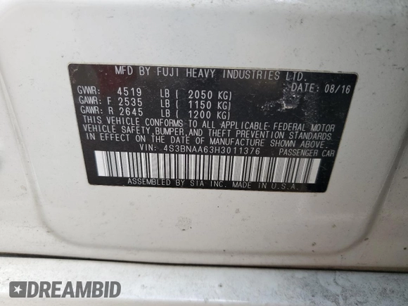 2017 Subaru Legacy with VIN 4S3BNAA63H3011376, listed as a Copart auction lot 52338235 with 97,221 mi miles and Salvage Title. Bid and sale history available at carsss.com. Image 12.