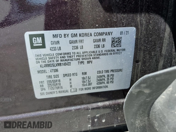 2021 Buick Encore GX Select with VIN KL4MMDSLXMB140422, listed as a Copart auction lot 57485335 with 61,924 mi miles and Salvage title. Bid and sale history available at DreamBid. Image 14.