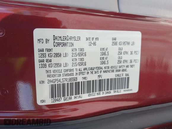 2007 Chrysler Town & Country Touring with VIN 2A4GP54L57R185569, listed as a IAAI auction lot 42152729 with 157,822 mi miles and . Bid and sale history available at DreamBid. Image 9.