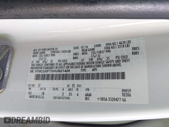 2017 Ford Escape S with VIN 1FMCU0F7XHUB21429, listed as a IAAI auction lot 41561533 with 65,134 mi miles. Bid and sale history available at carsss.com. Image 9.