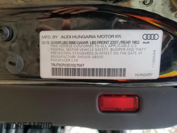 2016 Audi TT 2.0T with VIN TRUT5CFV2G1027567, listed as a Copart auction lot 83616314 with 35,339 mi miles and Salvage Title. Bid and sale history available at carsss.com. Image 14.