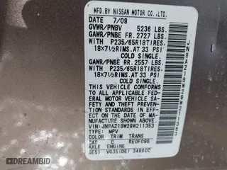2009 Nissan Murano SL with VIN JN8AZ18W29W211353, listed as a IAAI auction lot 41677855 with 107,126 mi miles. Bid and sale history available at carsss.com. Image 9.