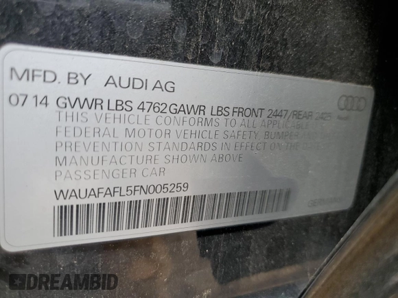 2015 Audi A4 Premium с VIN WAUAFAFL5FN005259, выставлен на аукционе Copart как лот 55691175 с пробегом 112 547 миль миль и Списание • Salvage title. История ставок и продаж доступна на DreamBid. Изображение 12.
