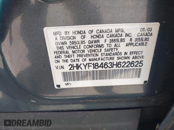 2003 Honda Pilot EX with VIN 2HKYF18463H622625, listed as a IAAI auction lot 41978601 with 152,512 mi miles. Bid and sale history available at carsss.com. Image 9.