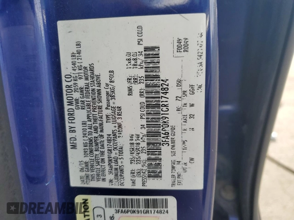 2016 Ford Fusion Titanium with VIN 3FA6P0K91GR174824, listed as a Copart auction lot 54487975 with 79,059 mi miles and Clean Title. Bid and sale history available at carsss.com. Image 12.