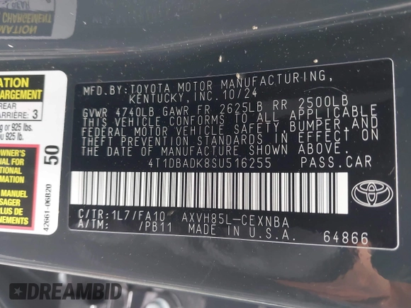 2025 Toyota Camry LE z VIN 4T1DBADK8SU516255, wystawiony jako IAAI lot #41847062 z przebiegiem 4 534 mil mil oraz . Historia ofert i sprzedaży dostępna na DreamBid. Obrazek 9.