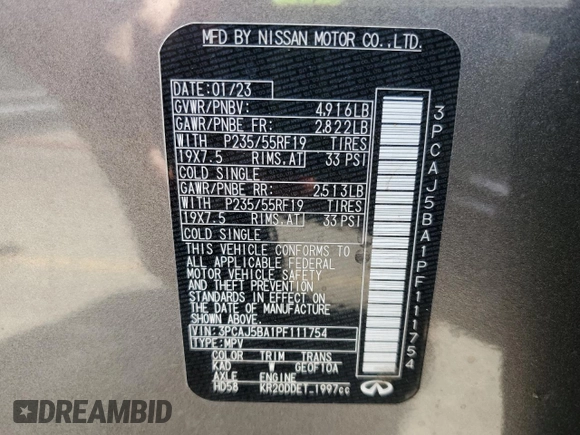 2023 Infiniti QX50 Luxe with VIN 3PCAJ5BA1PF111754, listed as a Copart auction lot 57872945 with 47,018 mi miles and Salvage title. Bid and sale history available at DreamBid. Image 13.