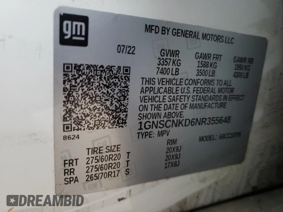 2022 Chevrolet Tahoe LT z VIN 1GNSCNKD6NR355648, wystawiony jako Copart lot #88362685 z przebiegiem 54 073 mil mil oraz Szkoda całkowita • Salvage title. Historia ofert i sprzedaży dostępna na DreamBid. Obrazek 13.