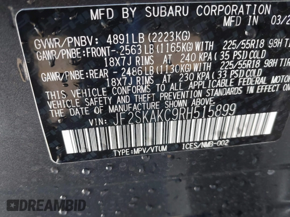 2024 Subaru Forester Limited with VIN JF2SKAKC9RH515899, listed as a IAAI auction lot 41058849 with 8,348 mi miles and . Bid and sale history available at DreamBid. Image 9.