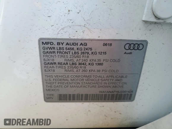 2018 Audi Q5 Premium z VIN WA1ANAFY6J2201426, wystawiony jako Copart lot #54367975 z przebiegiem 87 528 mil mil oraz Szkoda całkowita • Salvage title. Historia ofert i sprzedaży dostępna na DreamBid. Obrazek 13.