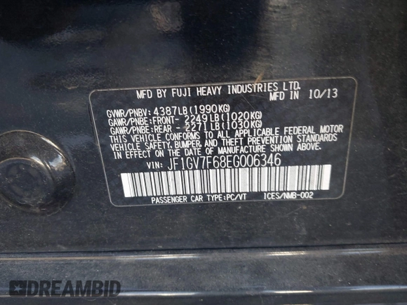 2014 Subaru WRX WRX Premium with VIN JF1GV7F68EG006346, listed as a IAAI auction lot 40785196 with 120,491 mi miles and . Bid and sale history available at DreamBid. Image 9.
