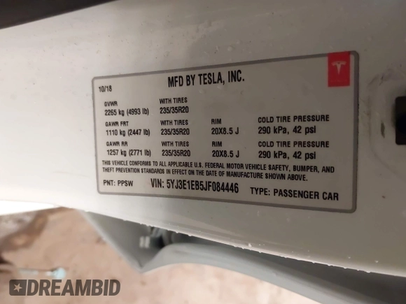 2018 Tesla Model 3 Long Range Battery with VIN 5YJ3E1EB5JF084446, listed as a IAAI auction lot 41209852 with 70,125 mi miles and . Bid and sale history available at DreamBid. Image 9.