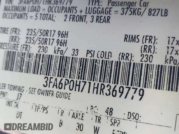 2017 Ford Fusion SE with VIN 3FA6P0H71HR369779, listed as a IAAI auction lot 40942962 with 123,956 mi miles and . Bid and sale history available at DreamBid. Image 9.