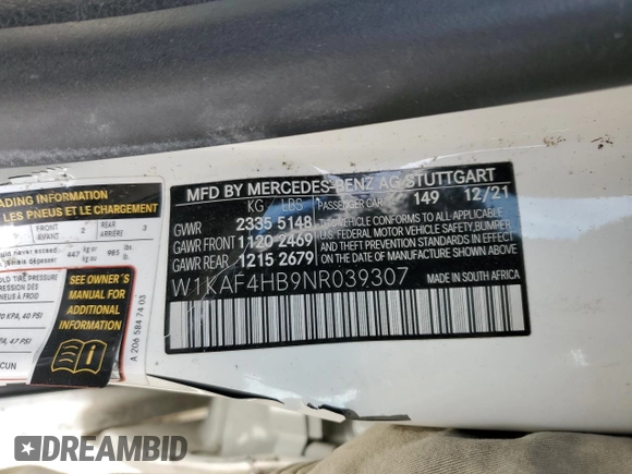 2022 Mercedes-Benz C 300 with VIN W1KAF4HB9NR039307, listed as a Copart auction lot 89340365 with 25,252 mi miles and Salvage Title. Bid and sale history available at DreamBid. Image 12.