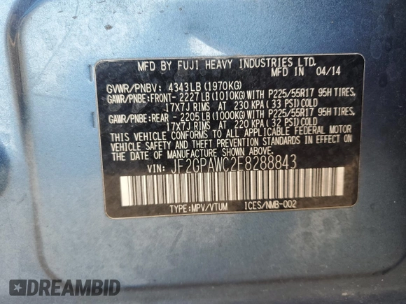 2014 Subaru Crosstrek Premium with VIN JF2GPAWC2E8288843, listed as a Copart auction lot 60479805 with 123,012 mi miles and Salvage title. Bid and sale history available at DreamBid. Image 12.