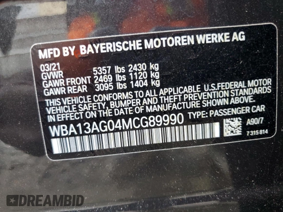2021 BMW 5 Series 530e with VIN WBA13AG04MCG89990, listed as a Copart auction lot 85032384 with 49,429 mi miles and Non Repairable. Bid and sale history available at carsss.com. Image 14.