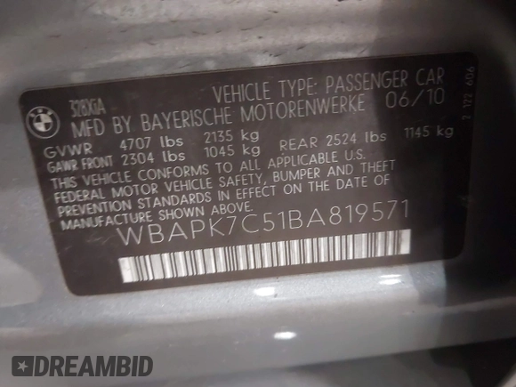 2011 BMW 3 Series 328i xDrive with VIN WBAPK7C51BA819571, listed as a IAAI auction lot 42049051 with 84,742 mi miles and . Bid and sale history available at DreamBid. Image 9.