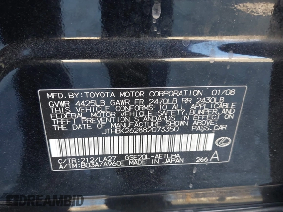 2008 Lexus IS 250 with VIN JTHBK262882073350, listed as a IAAI auction lot 41253717 with 204,791 mi miles. Bid and sale history available at carsss.com. Image 9.