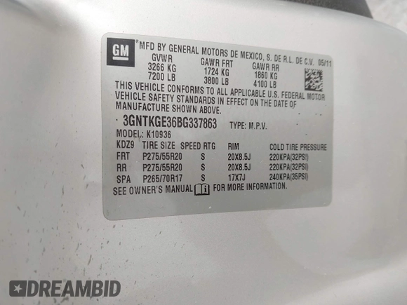 2011 Chevrolet Avalanche LTZ with VIN 3GNTKGE36BG337863, listed as a IAAI auction lot 42026377 with 207,116 mi miles and . Bid and sale history available at DreamBid. Image 9.