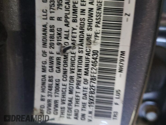2015 Honda Civic Sedan SE with VIN 19XFB2F78FE246430, listed as a Copart auction lot 51172135 with 69,857 mi miles and Salvage Title. Bid and sale history available at carsss.com. Image 13.