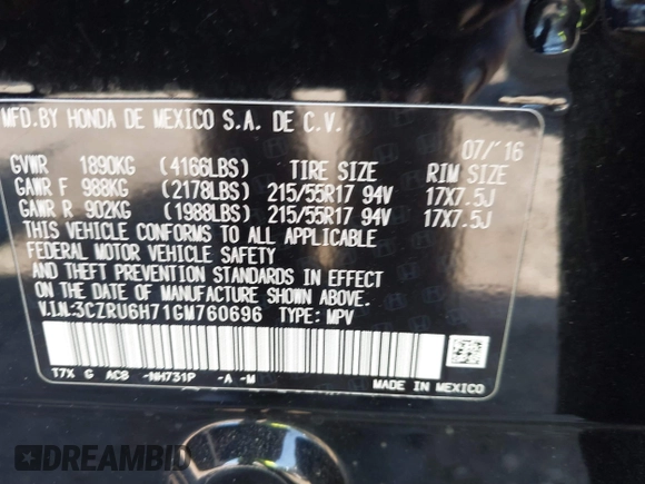 2016 Honda HR-V EX-L w/Navi with VIN 3CZRU6H71GM760696, listed as a IAAI auction lot 41830868 with 129,243 mi miles. Bid and sale history available at carsss.com. Image 9.
