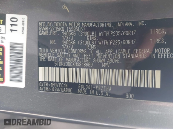 2017 Toyota Sienna LE Auto Access Seat with VIN 5TDKZ3DCXHS818669, listed as a IAAI auction lot 42198544 with 112,871 mi miles. Bid and sale history available at carsss.com. Image 9.