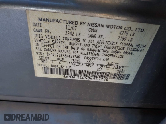 2008 Nissan Altima 2.5 S with VIN 1N4AL21E58N453746, listed as a IAAI auction lot 41738643 with 180,421 mi miles. Bid and sale history available at carsss.com. Image 9.