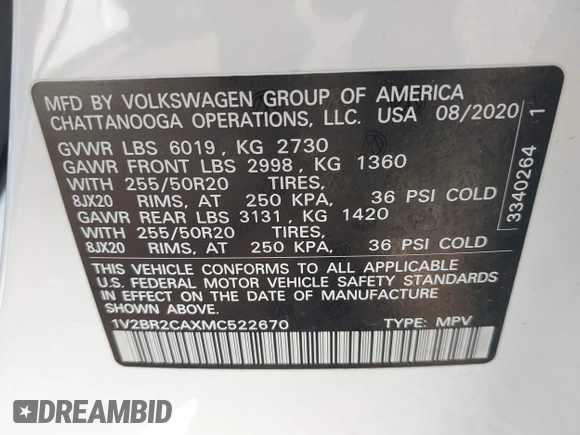 2021 Volkswagen Atlas SEL with VIN 1V2BR2CAXMC522670, listed as a IAAI auction lot 42110724 with 58,802 mi miles and . Bid and sale history available at DreamBid. Image 9.