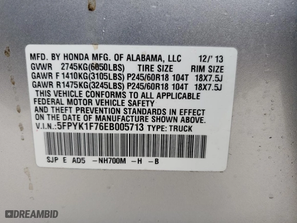 2014 Honda Ridgeline Sport with VIN 5FPYK1F76EB005713, listed as a Copart auction lot 74694724 with 73,039 mi miles and Salvage Title. Bid and sale history available at carsss.com. Image 13.