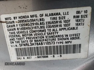 2010 Honda Odyssey EX-L with VIN 5FNRL3H78AB110573, listed as a Copart auction lot 46325085 with 161,543 mi miles and Salvage Title. Bid and sale history available at carsss.com. Image 13.