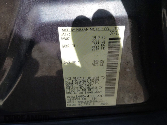 2013 Nissan Altima SL with VIN 1N4AL3AP8DN411590, listed as a IAAI auction lot 42555532 with 177,757 mi miles and . Bid and sale history available at DreamBid. Image 9.