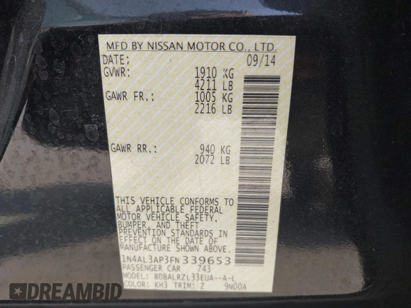 2015 Nissan Altima SL with VIN 1N4AL3AP3FN339653, listed as a IAAI auction lot 41813072 with 42,872 mi miles and . Bid and sale history available at DreamBid. Image 9.