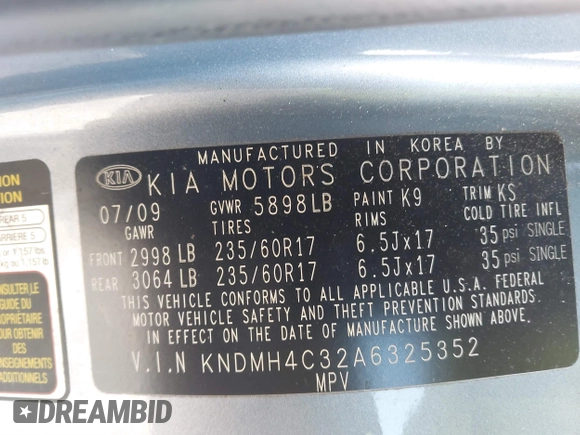 2010 Kia Sedona EX with VIN KNDMH4C32A6325352, listed as a IAAI auction lot 41863846 with 92,813 mi miles. Bid and sale history available at carsss.com. Image 9.