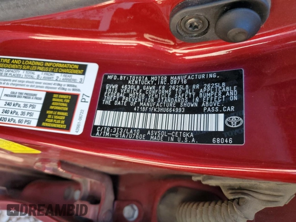 2017 Toyota Camry XLE with VIN 4T1BF1FK3HU664993, listed as a Copart auction lot 41815515 with 138,459 mi miles and Salvage Title. Bid and sale history available at DreamBid. Image 12.