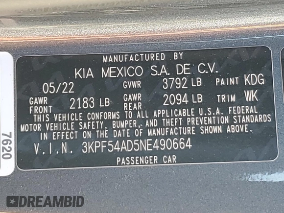 2022 Kia Forte GT-Line with VIN 3KPF54AD5NE490664, listed as a Copart auction lot 49720895 with 36,521 mi miles and Salvage Title. Bid and sale history available at carsss.com. Image 13.