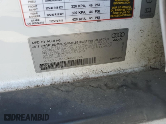 2013 Audi A3 Premium Plus z VIN WAUKJAFMXDA020159, wystawiony jako Copart lot #75719724 z przebiegiem 92 334 mil mil oraz Szkoda całkowita • Salvage title. Historia ofert i sprzedaży dostępna na DreamBid. Obrazek 12.